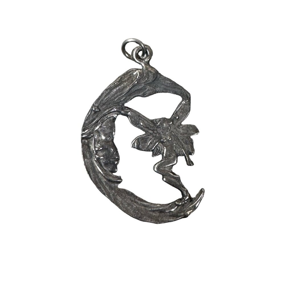 Moon & Fairy Silver Pendant 5.61g Tinkerbell Jewelry Unique Design Princess 1.5"